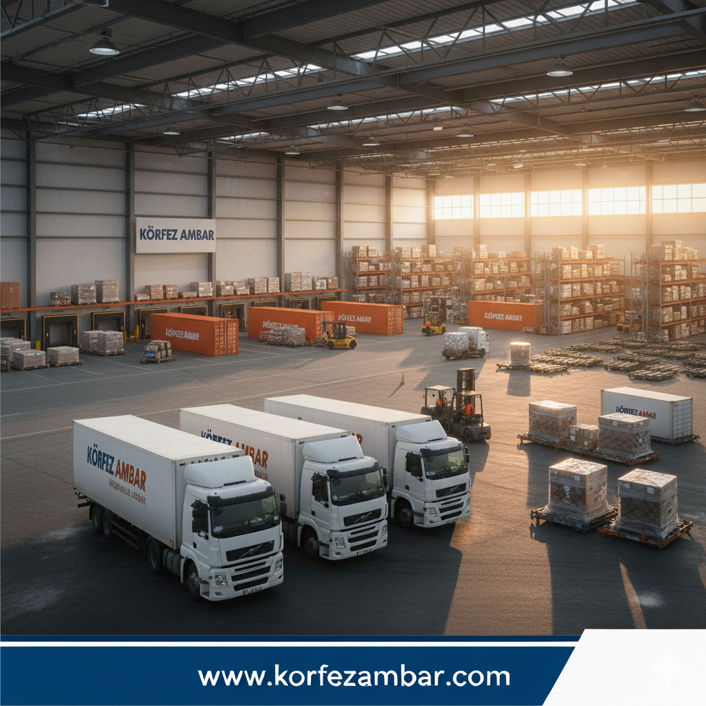 Körfez Ambar Adıyaman lojistik merkezinde, üzerinde firmanın turuncu logosu bulunan nakliye araçları ve sevkiyat bekleyen güvenli depo alanı.